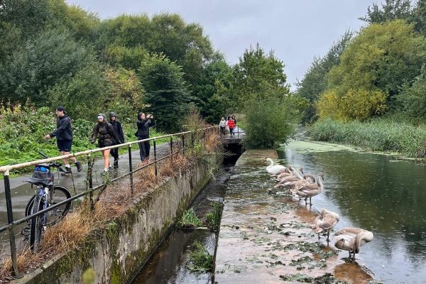 Trekkers walking along waterside on the Giant Walk for CRY 2025.